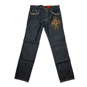 V Christina Women Sz 12 Rhinestone Embroidered Embellished Cross Dark Wash Jeans